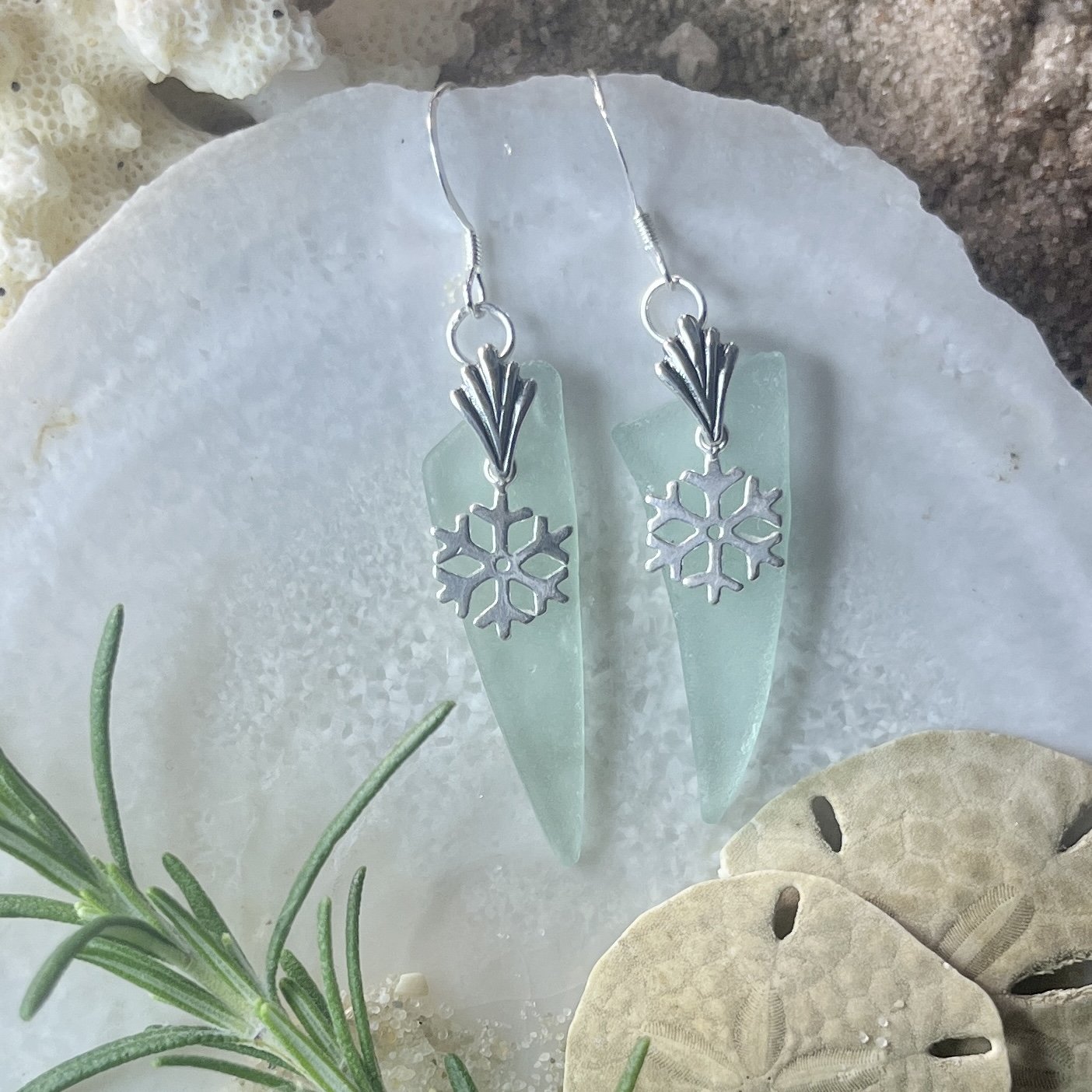 Icy Blue Seafoam Sea Glass Earrings with Sterling Silver Snowflakes by Janet Payne Jewelry, Cape May, NJ