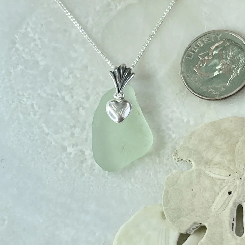 Green Seafoam Sea Glass Necklace with a Sterling Silver Heart.jpg