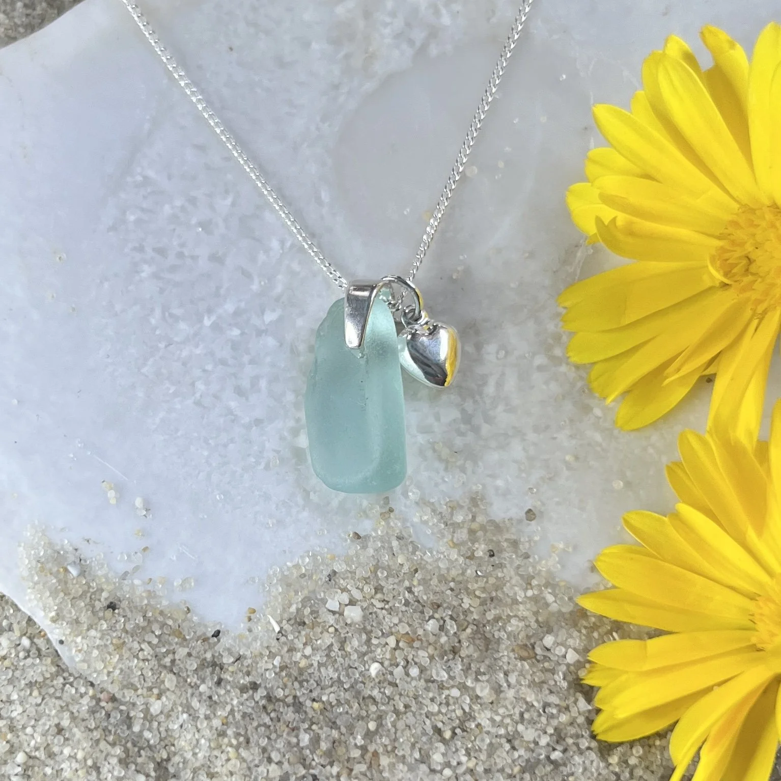 Petite Blue Sea Foam Sea Glass Necklace with a Sterling Silver Heart.jpg