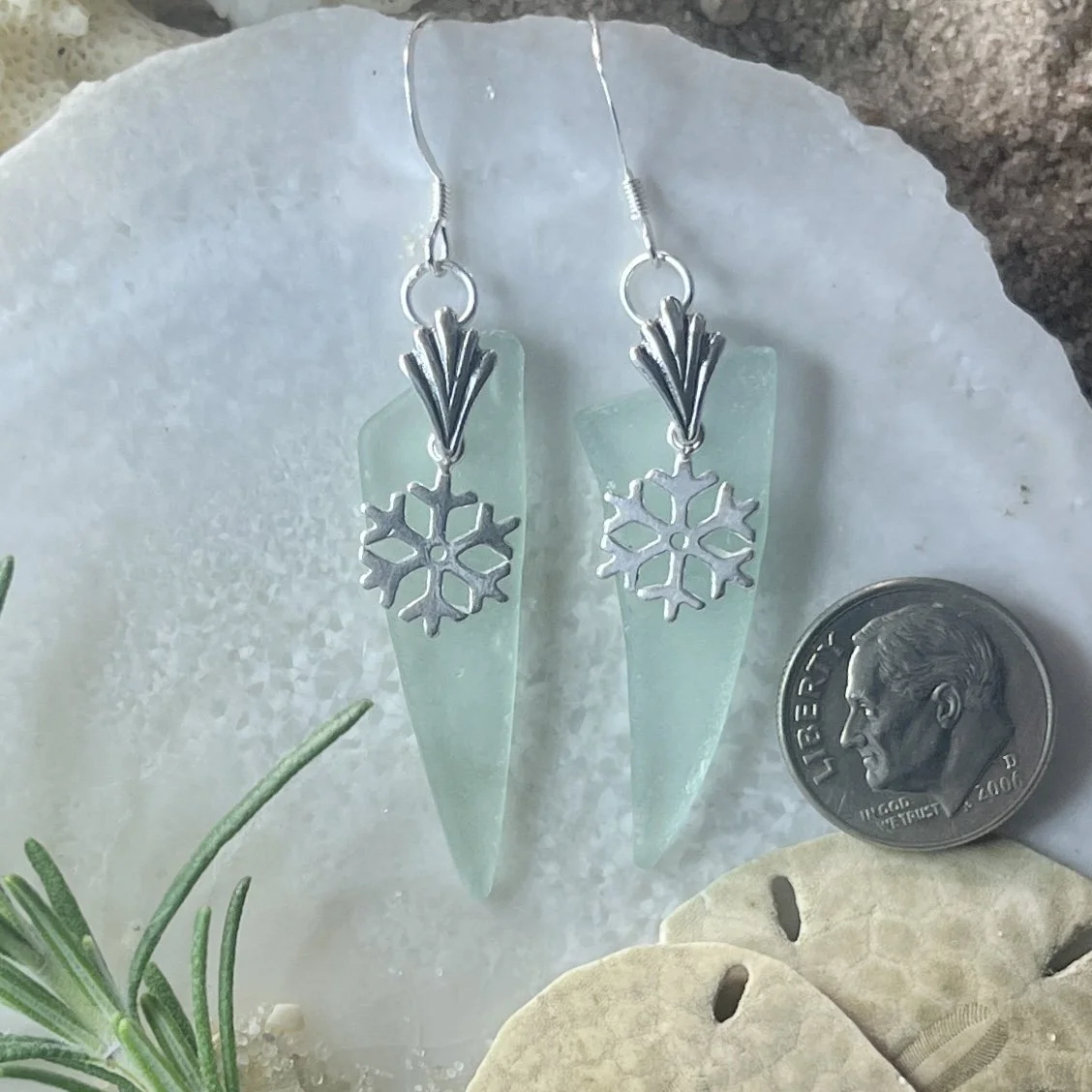 Icy Blue Seafoam Sea Glass Earrings with Sterling Silver Snowflakes