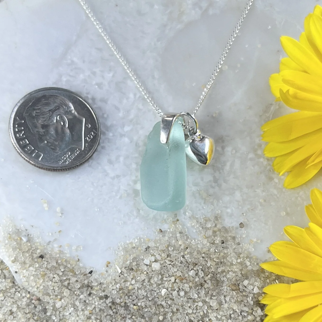 Petite Blue Sea Foam Sea Glass Necklace with a Sterling Silver Heart.jpg