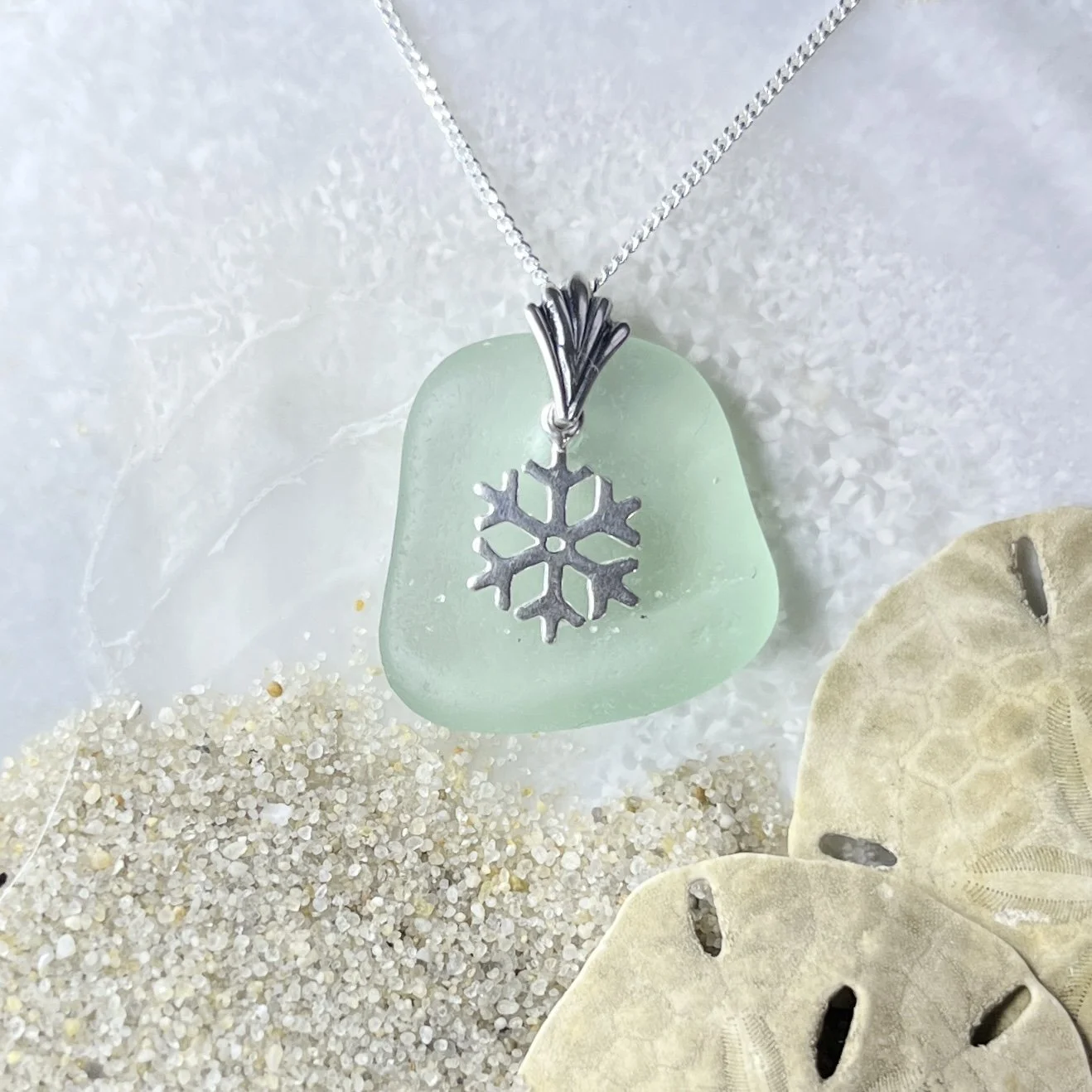 Blue Seafaom Sea Glass Necklace with a Sterling Silver Snowflake by Janet Payne Jewelry, Cape May, NJ