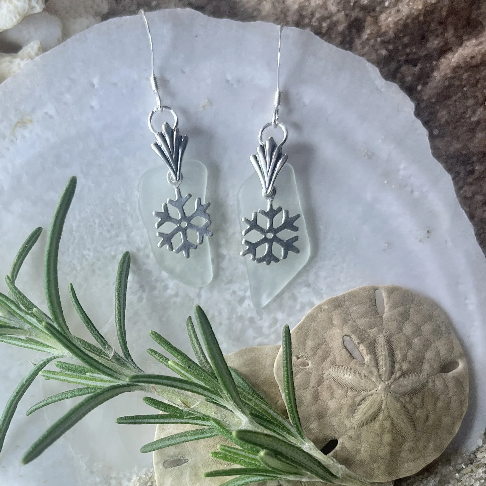 Sea Glass Earrings with Sterling Silver Snowflakes by Janet Payne Jewelry, Cape May, NJ
