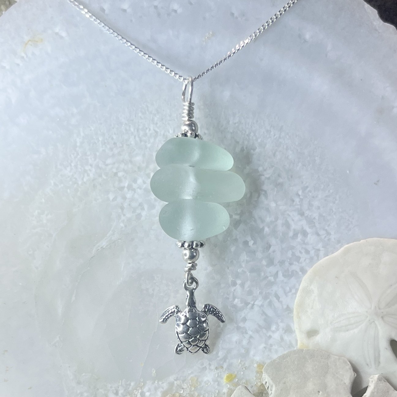Seafoam Stacked Sea Glass Necklace with a Sterling Silver Sea Turtle by Janet Payne Jewelry, Cape May, NJ