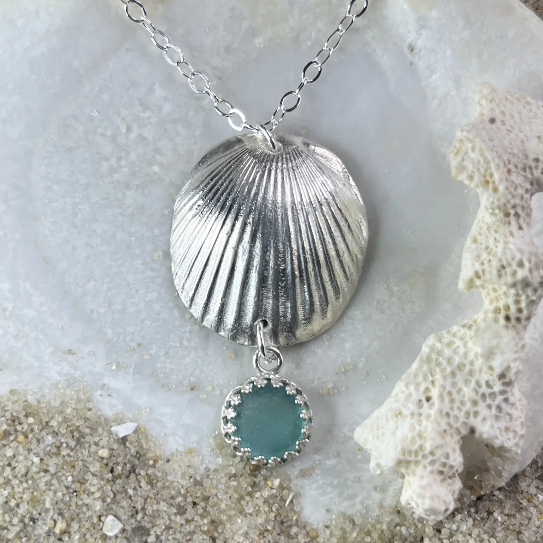Fine Silver Shell Pendant with a Teal Sea Glass Drop by Janet Payne Jewelry, Cape May, NJ.jpg
