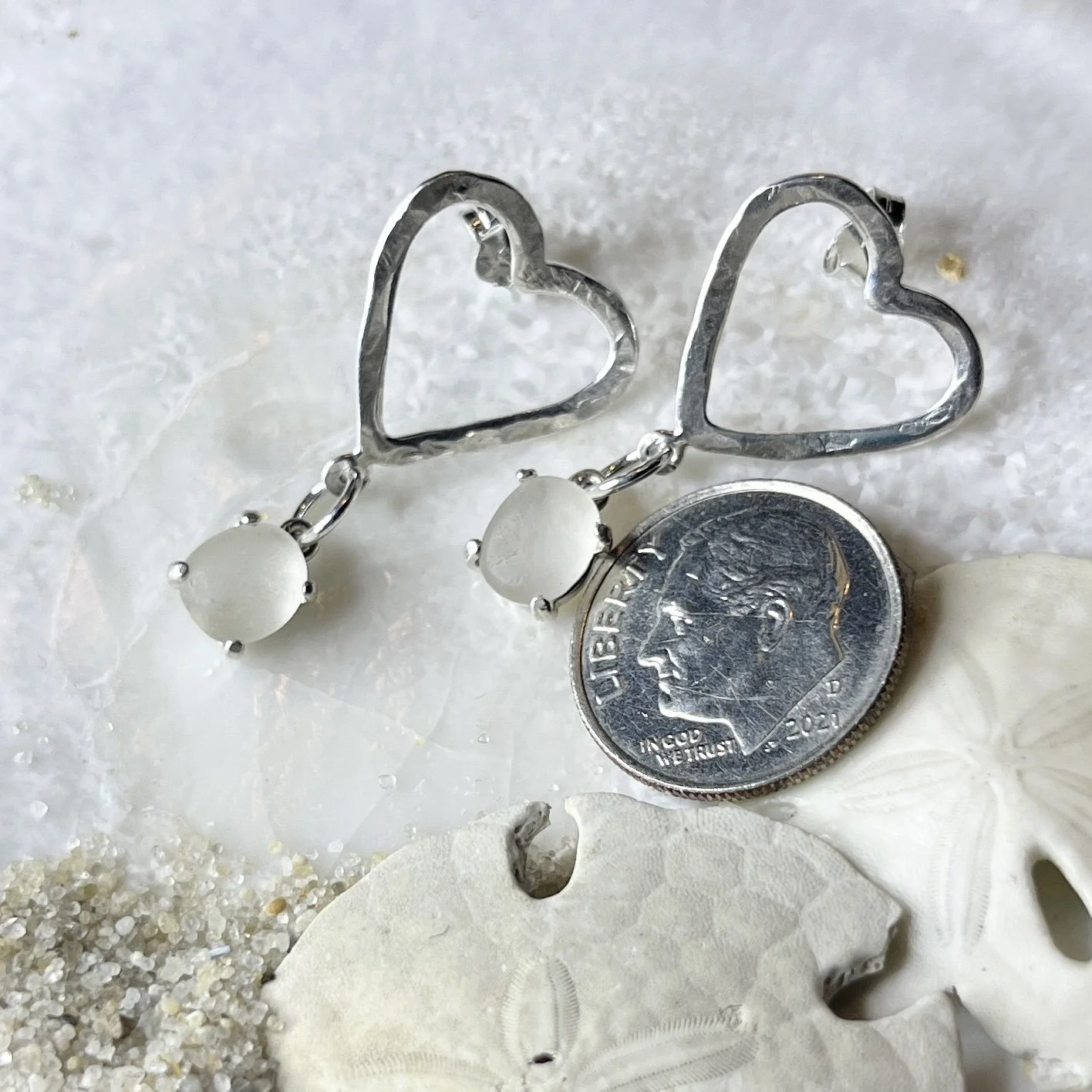 Sterling Silver Heart Earrings with Natural Cape May Diamond Drops (Posts)