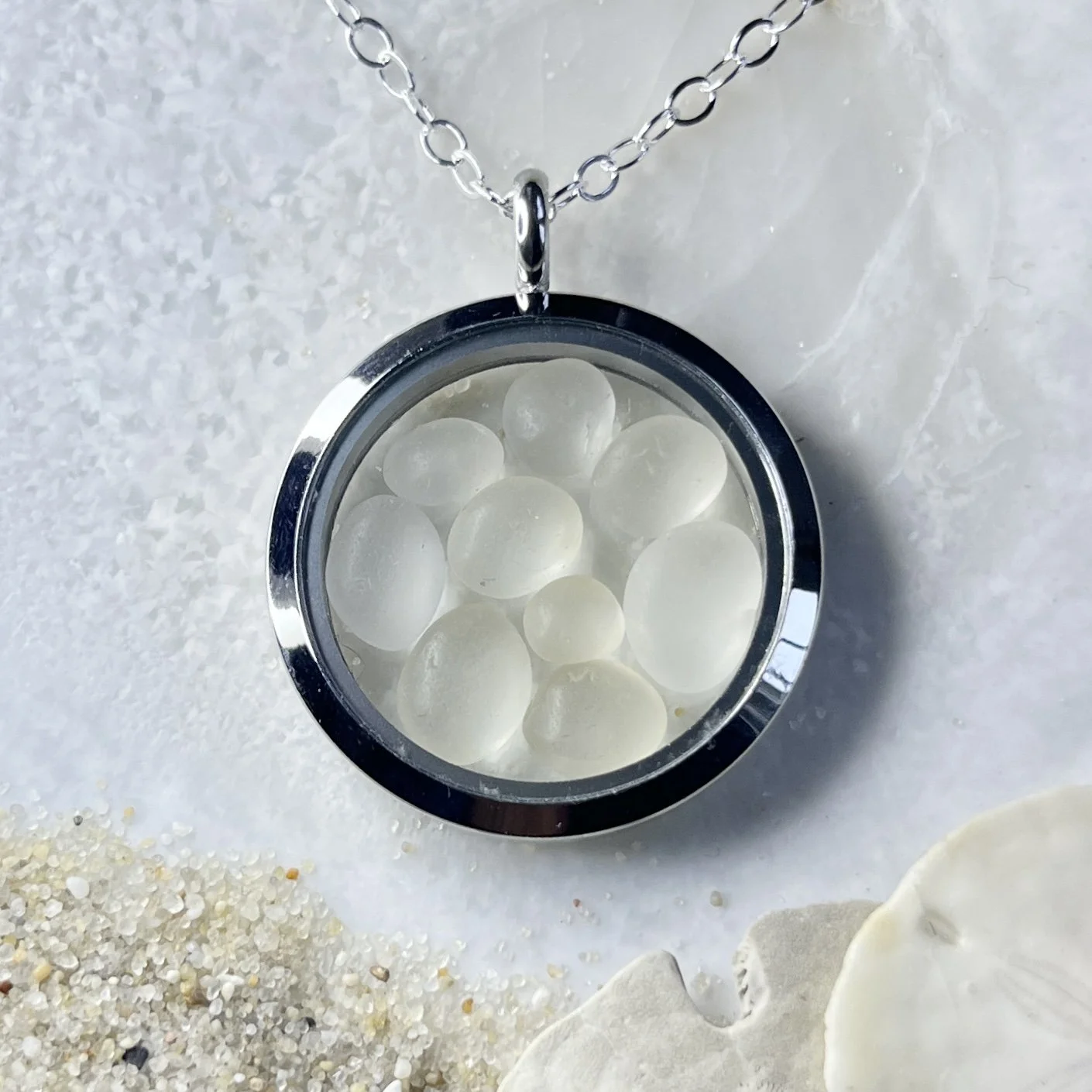 Glass Circle Locket Filled with Natural Cape May Diamonds by Janet Payne Jewelry,Cape May, NJ.jpg
