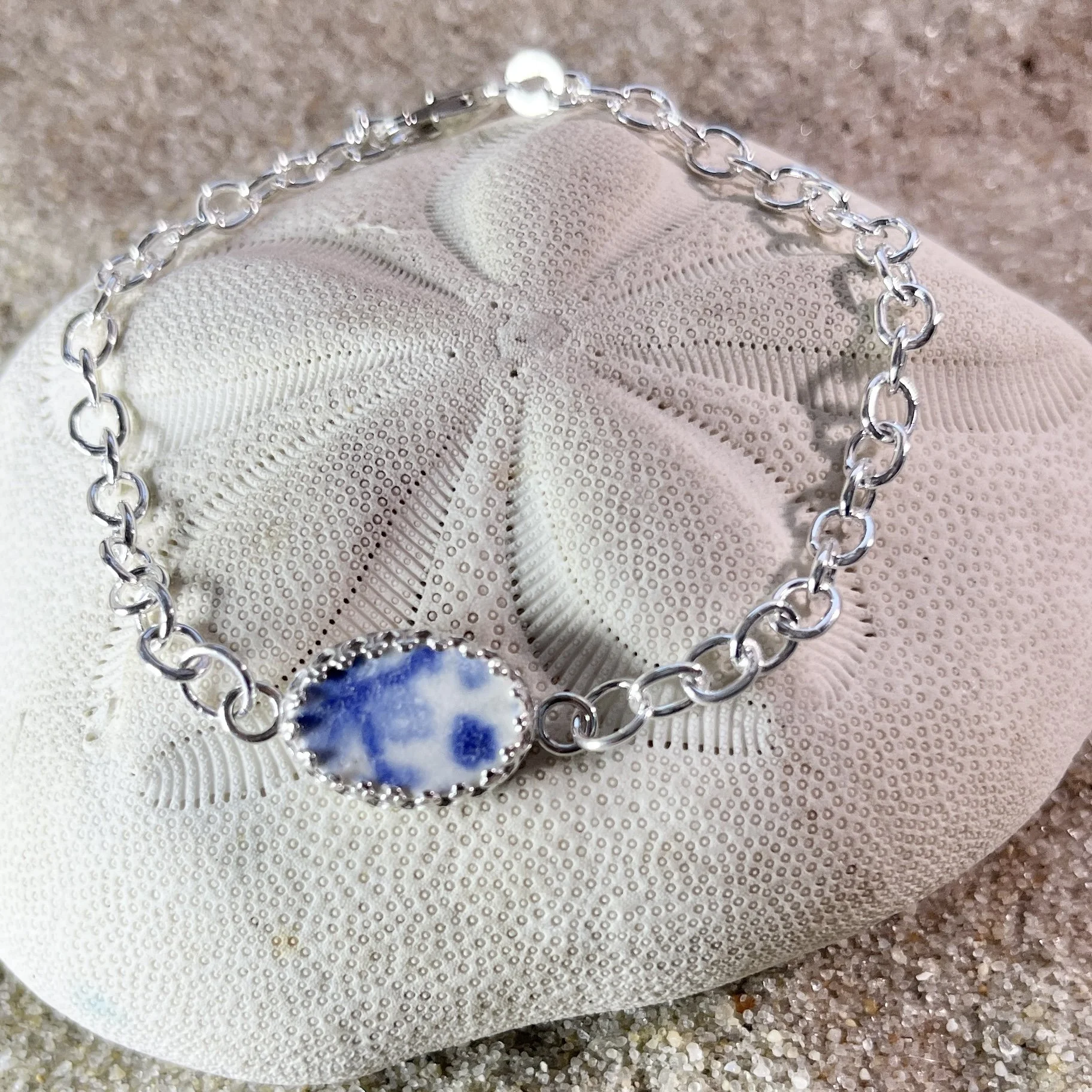 Blue and White Sea Pottery Bracelet by Janet Payne Jewelry, Cape May, NJ
