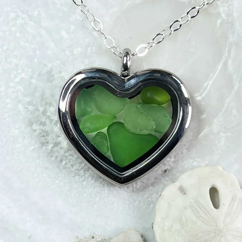 Glass Heart Locket Filled with Green Sea Glass by Janet Payne Jewelry, Cape May, NJ.jpg