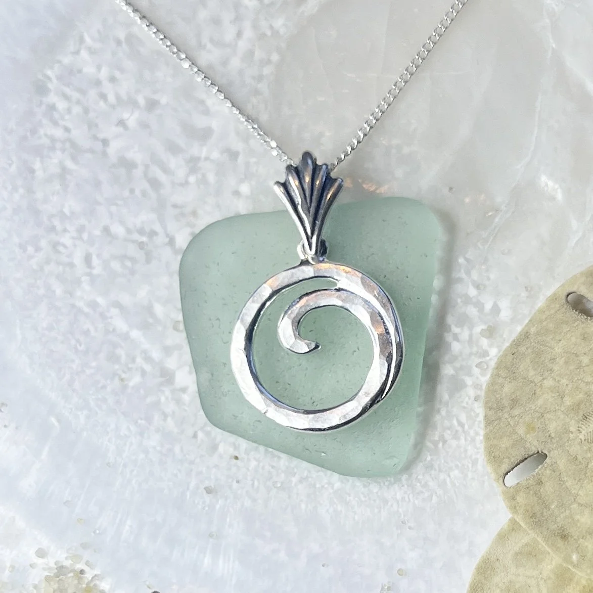 Seafoam Sea Glass Necklace with a Sterling Silver Ocean Wave by Janet Payne Jewelry, Cape My, NJ.jpg