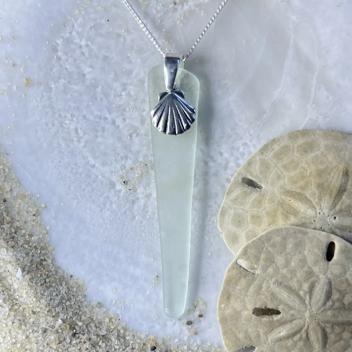 Light Seafoam Sea Glass Necklace with a Sterling Silver Sea Shell by Janet Payne Jewelry, Cape May, NJ.jpg