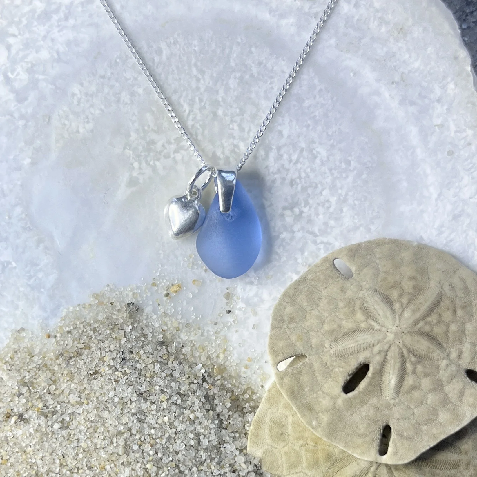 Petite Cornflower Blue Sea Glass Necklace with a Sterling Silver Heart  by Janet Payne Jewelry, Cape May, NJ