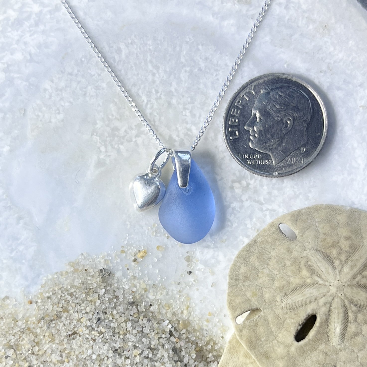 Petite Cornflower Blue Sea Glass Necklace with a Sterling Silver Heart