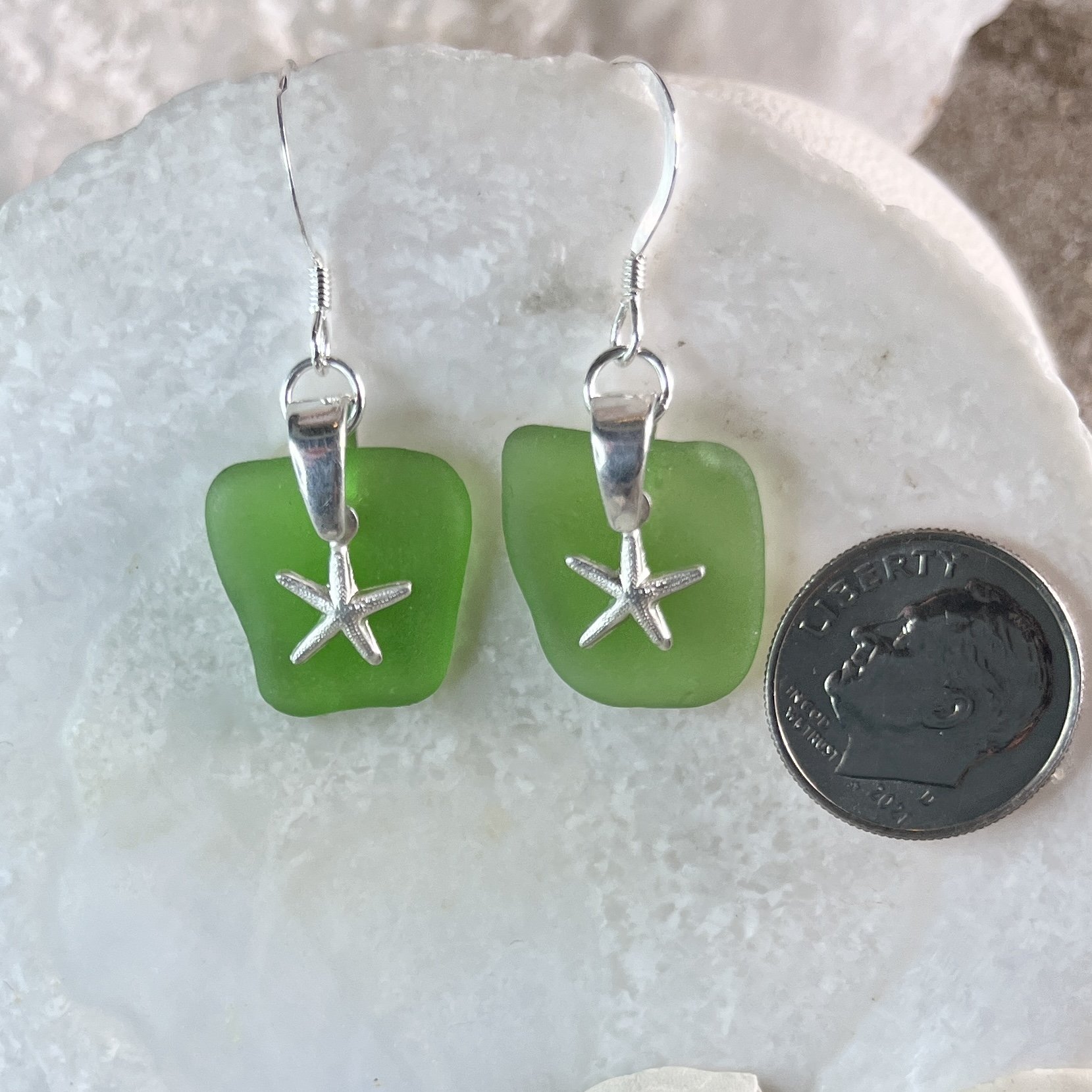 Green Sea Glass Earrings with Sterling Silver Sea Stars