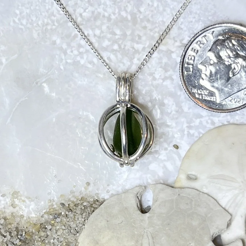 Moss Green Sea Glass Captured in A Sterling Silver Cage Necklace