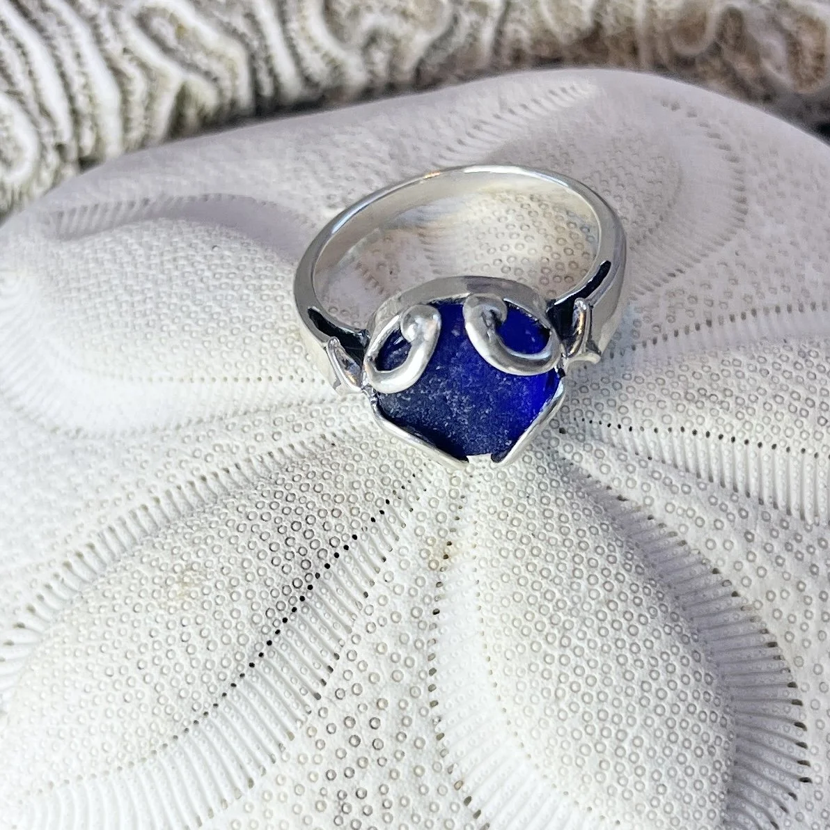Blue Sea Glass Ring, Size 7