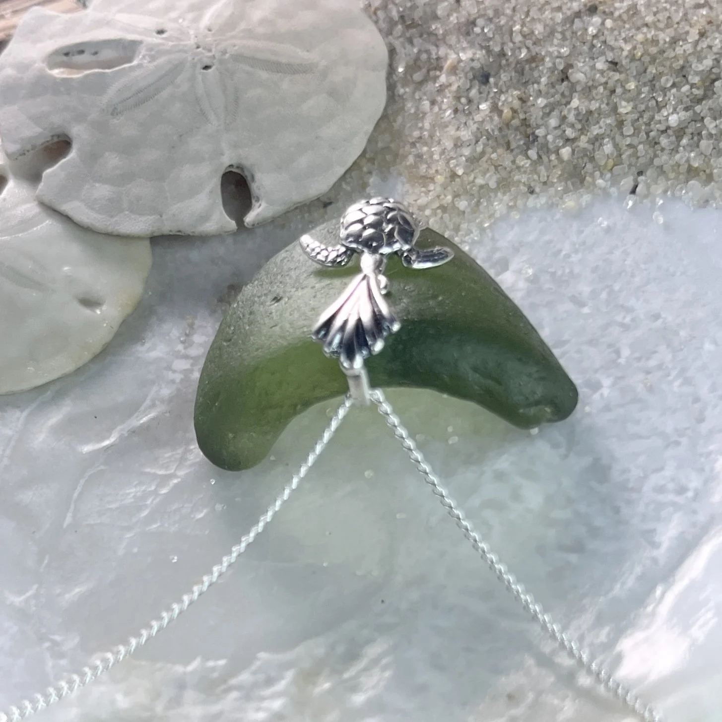 Moss Green Sea Glass Necklace with a Sterling Silver Sea Turtle
