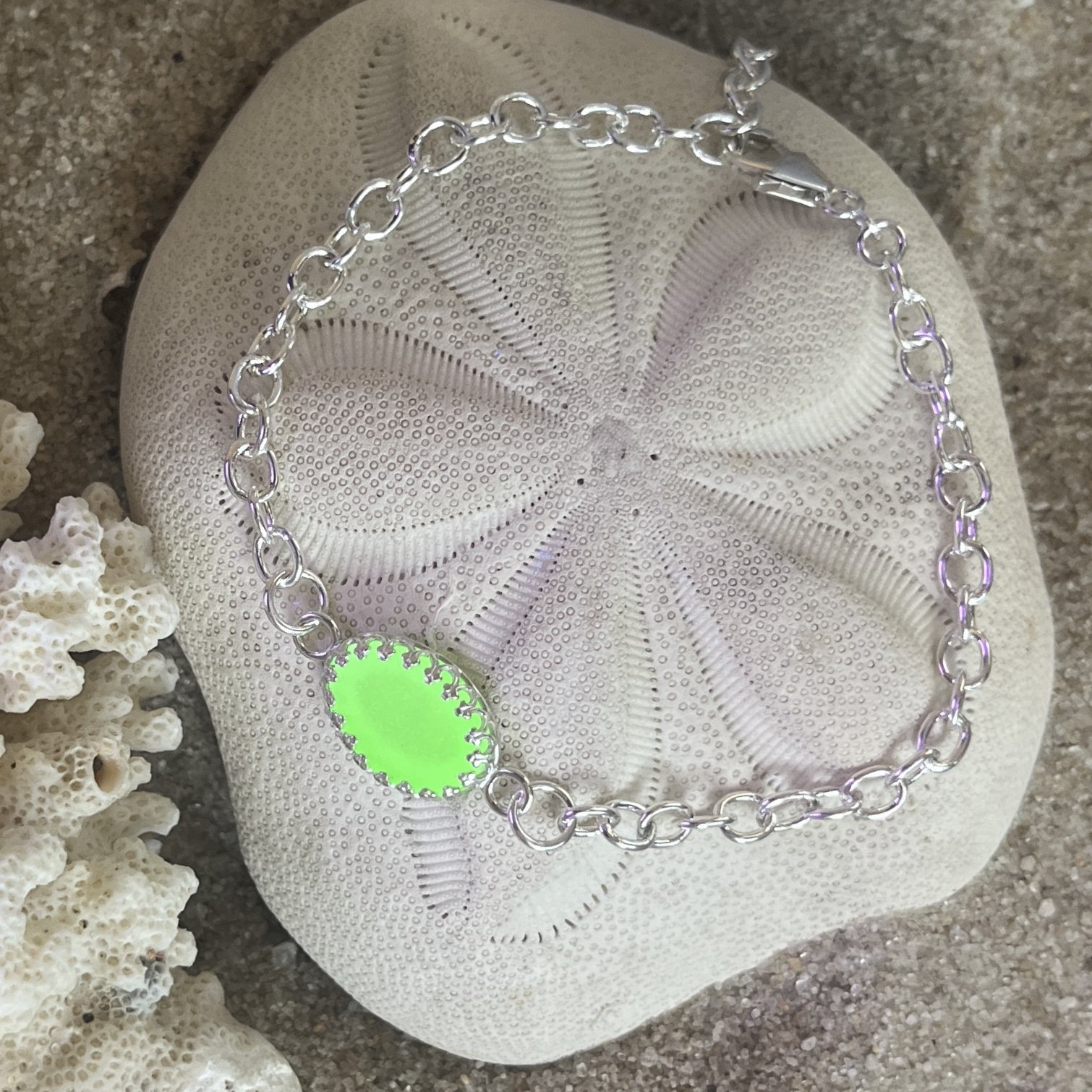 Rare Ultraviolet Seafoam Green Sea Glass Bracelet by Janet Pyne Jewelry, Cape May, NJ