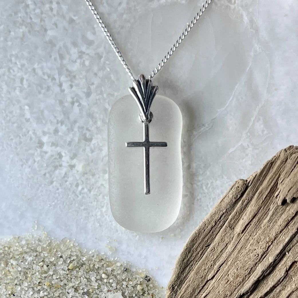 White Sea Glass Necklace with a Sterling Silver Cross by Janet Payne Jewelry, Cape May, NJ