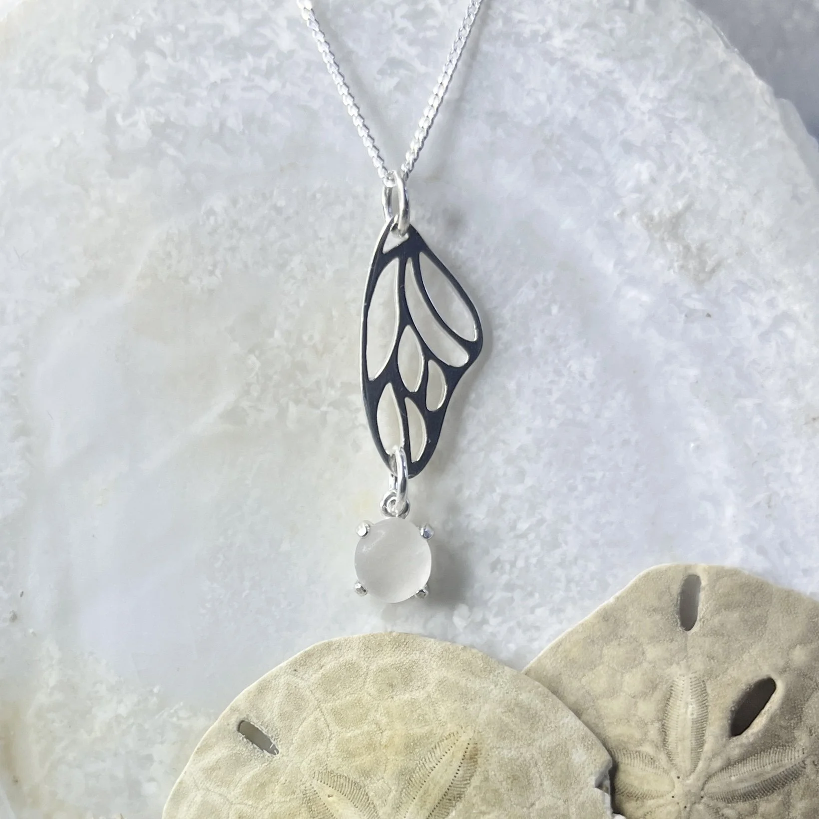 Sterling Silver Butterfly Wing Necklace with a Cape May Diamond Drop by Janet Payne Jewelry, Cape May, NJ