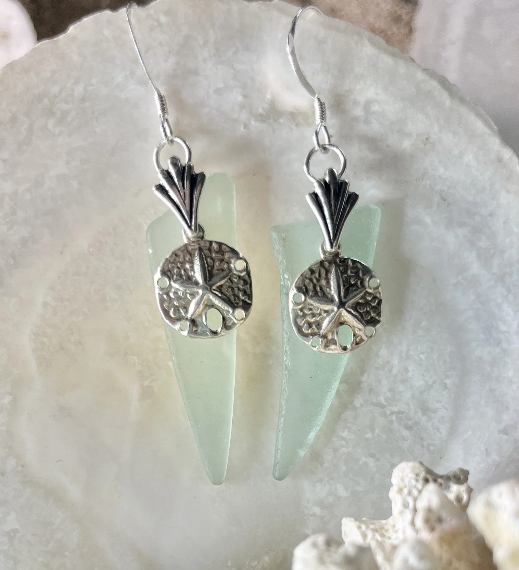 Blue Sea Foam Sea Glass Earrings with Sterling Silver Sand Dollars by Janet Payne Jewelry