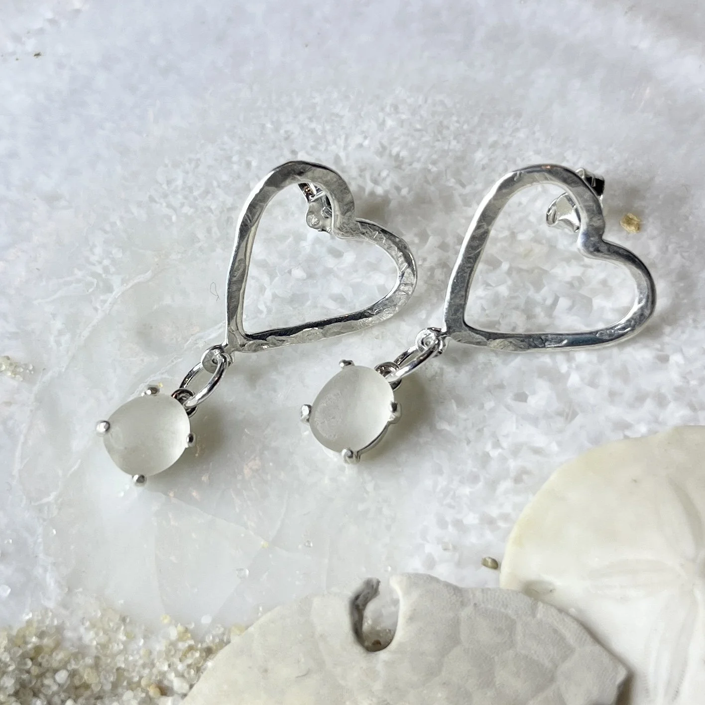 Sterling Silver Heart Earrings with Natural Cape May Diamond Drops (Posts) by Janet Payne Jewelry, Cape May, NJ