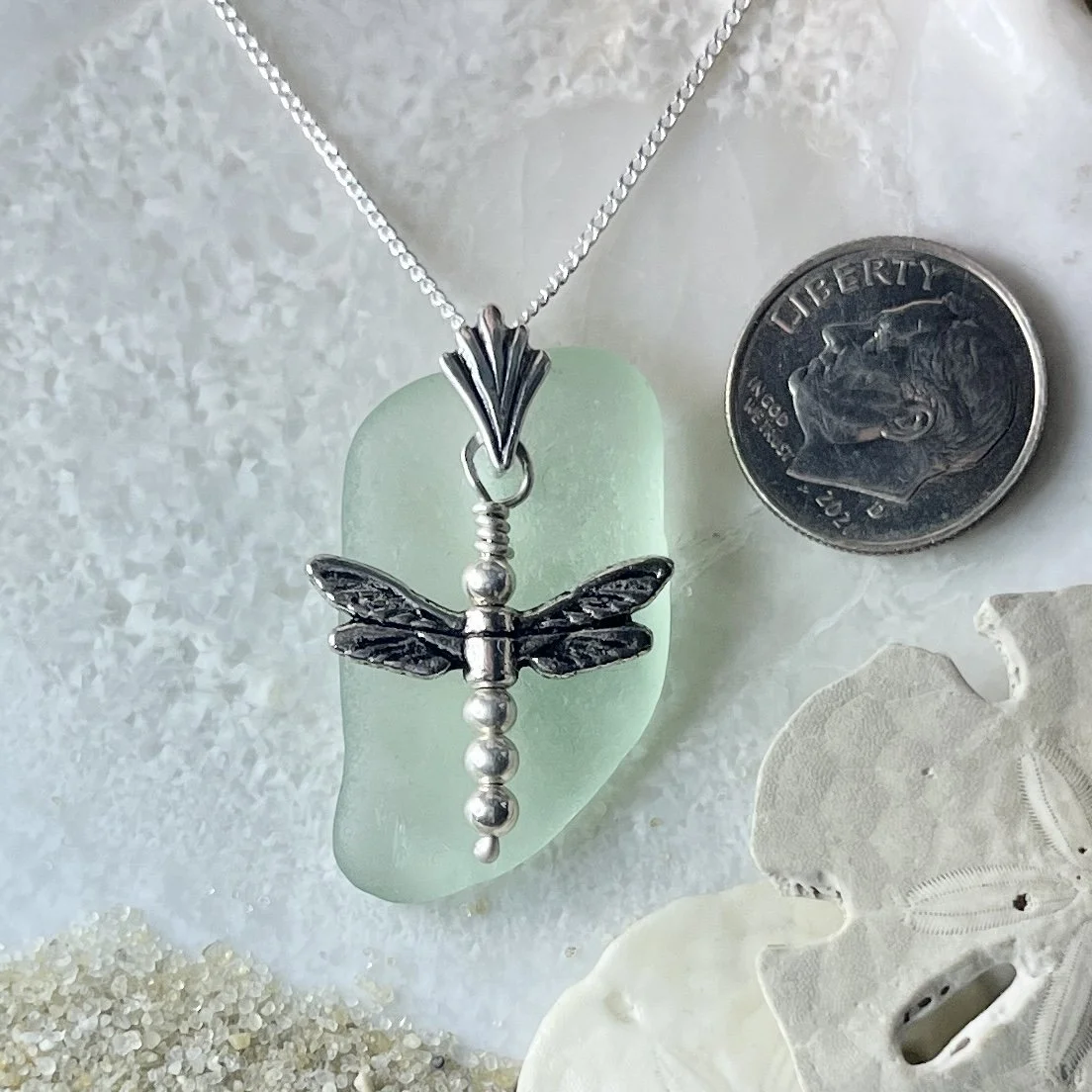 Green Seafoam Sea Glass Necklace with a Sterling Silver Dragonfly