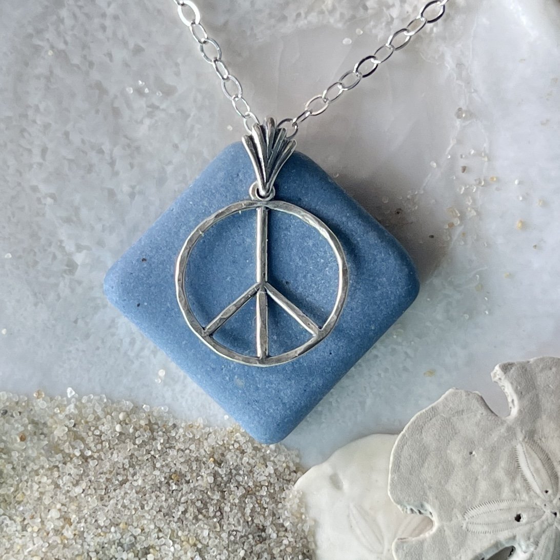 Blue Sea Tile Sea Pottery Necklace with a Sterling Silver Peace Sign by Janet Payne Jewelry, Cape May, NJ