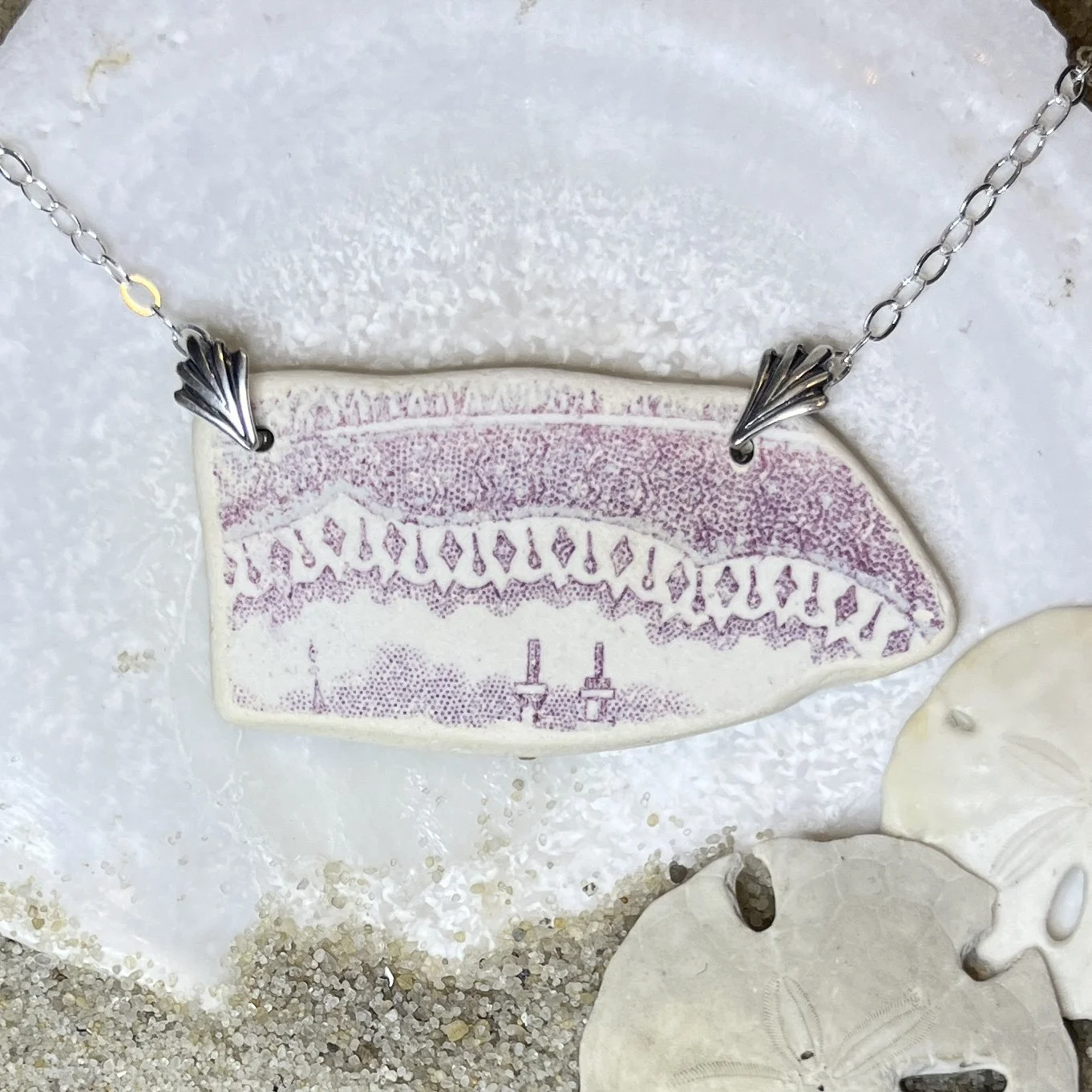 Purple Transferware Sea Pottery Bar Necklace