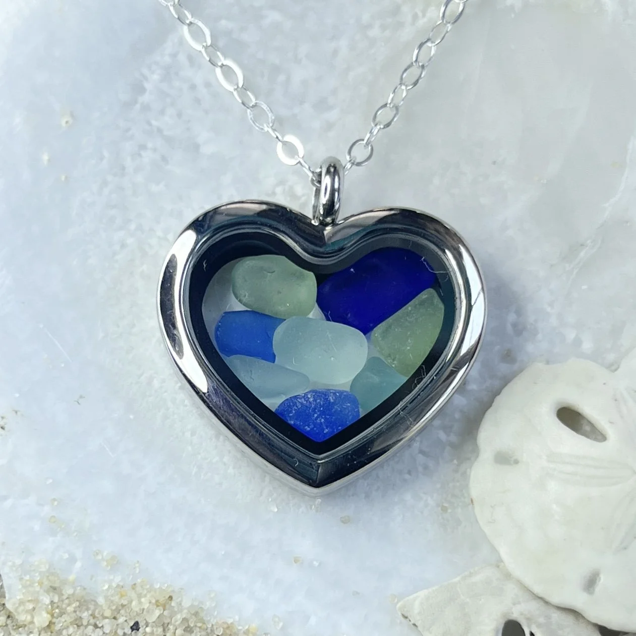 Glass Heart Locket Filled with Blue and Seafoam Sea Glass by Janet Payne Jewelry,Cape May, NJ.jpg