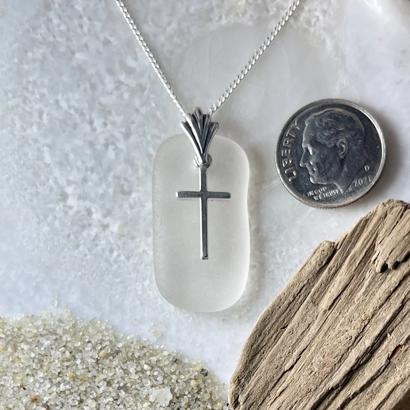 White Sea Glass Necklace with a Sterling Silver Cross