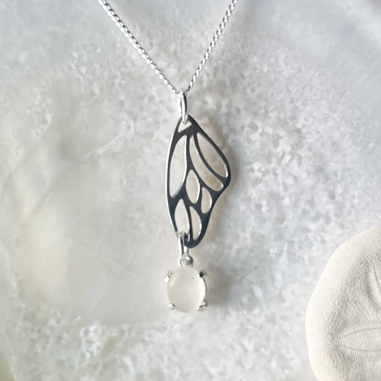 Sterling Silver Butterfly Wing Necklace with a Cape May Diamond Drop by Janet Payne Jewelry, Cape May, NJ
