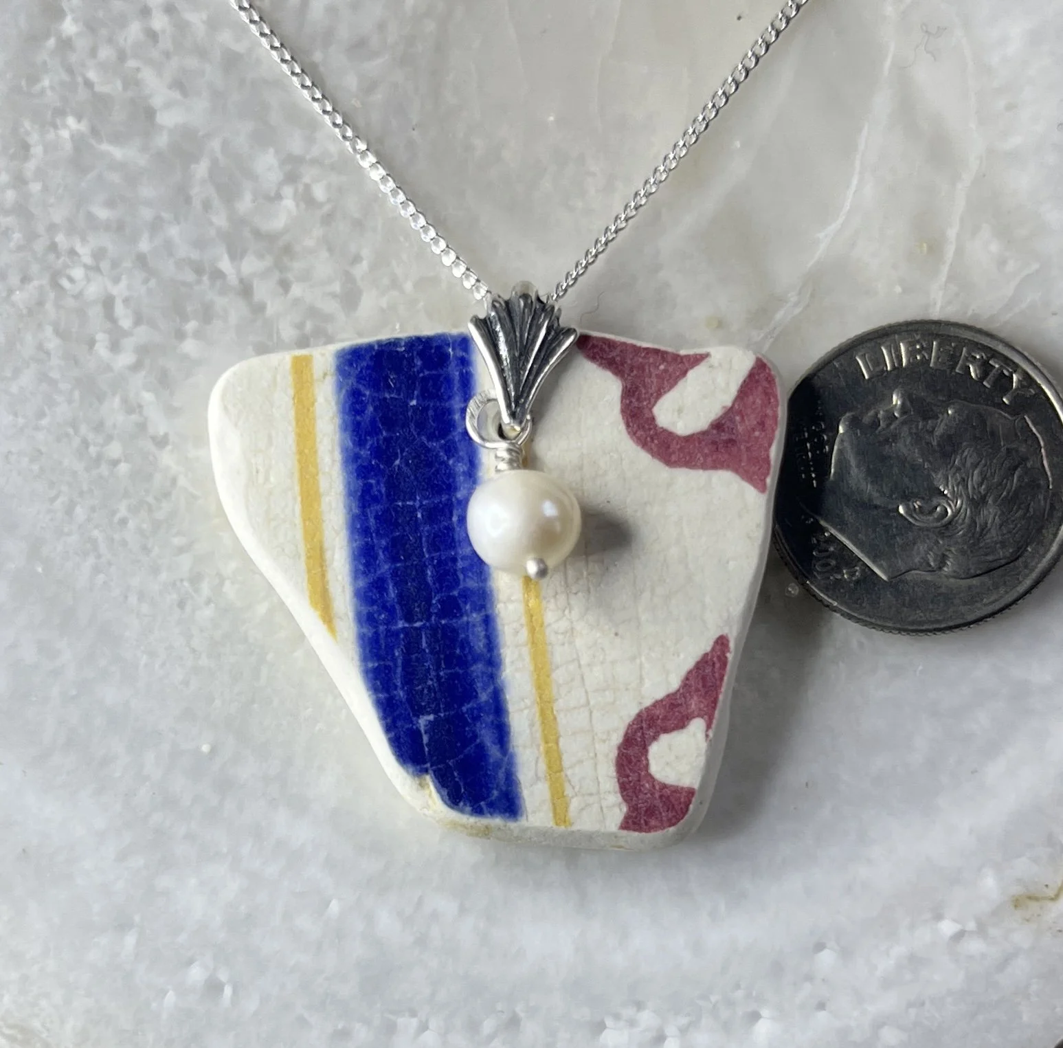 Sea pottery necklace with a freshwater pearl