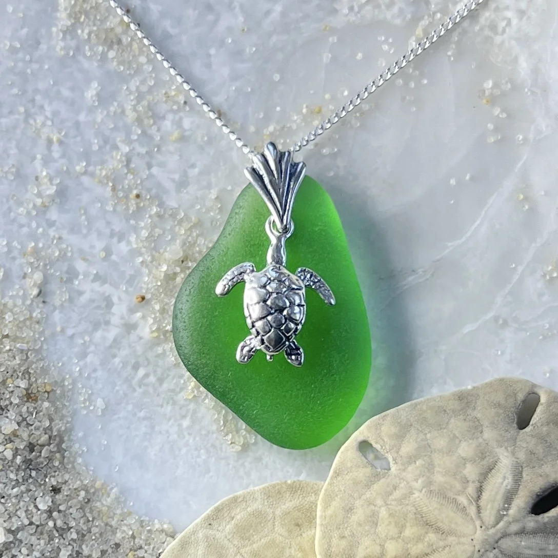 Bright Green Sea Glass Necklace with a Sterling Silver Sea Turtle.jpg
