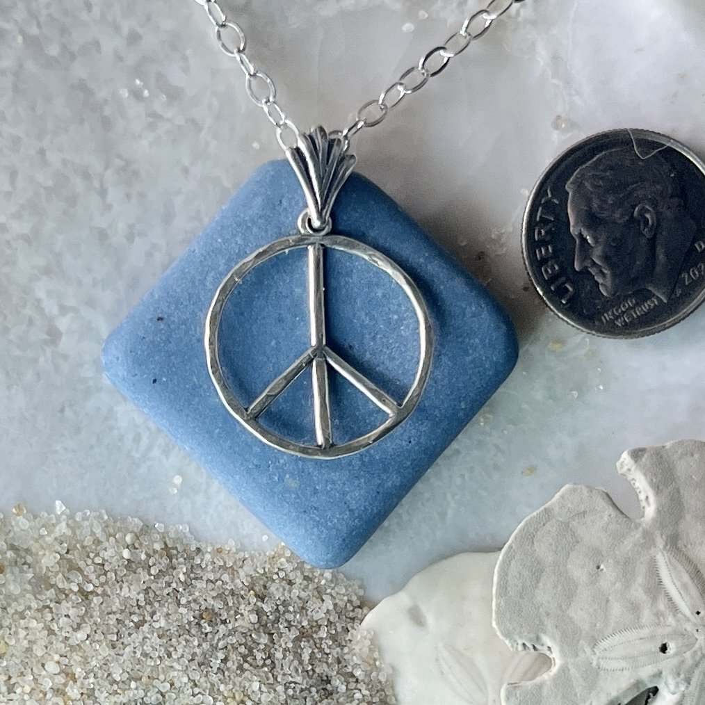 Blue Sea Tile Sea Pottery Necklace with a Sterling Silver Peace Sign
