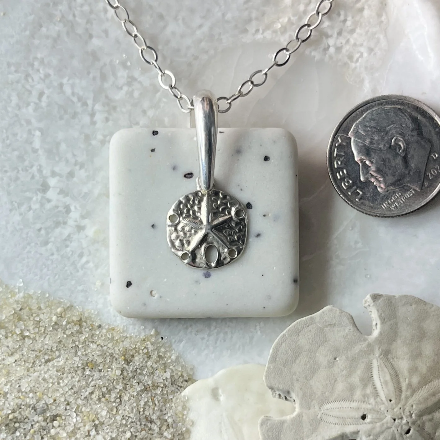 White Tile Sea Pottery Necklace with a Sterling Silver Sand Dollar