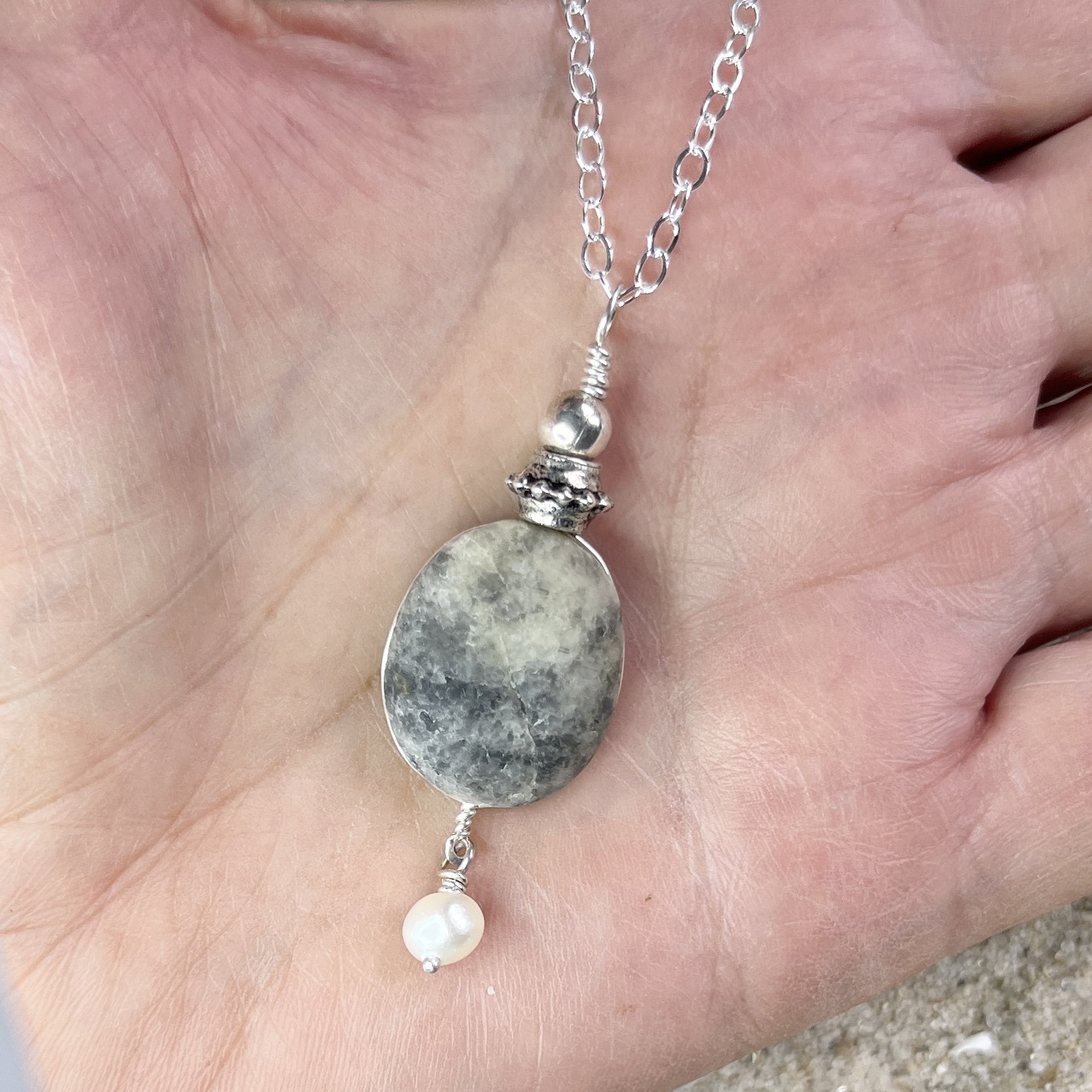 Beach Stone Necklace with a Freshwater Pearl, Cape May, NJ.jpg