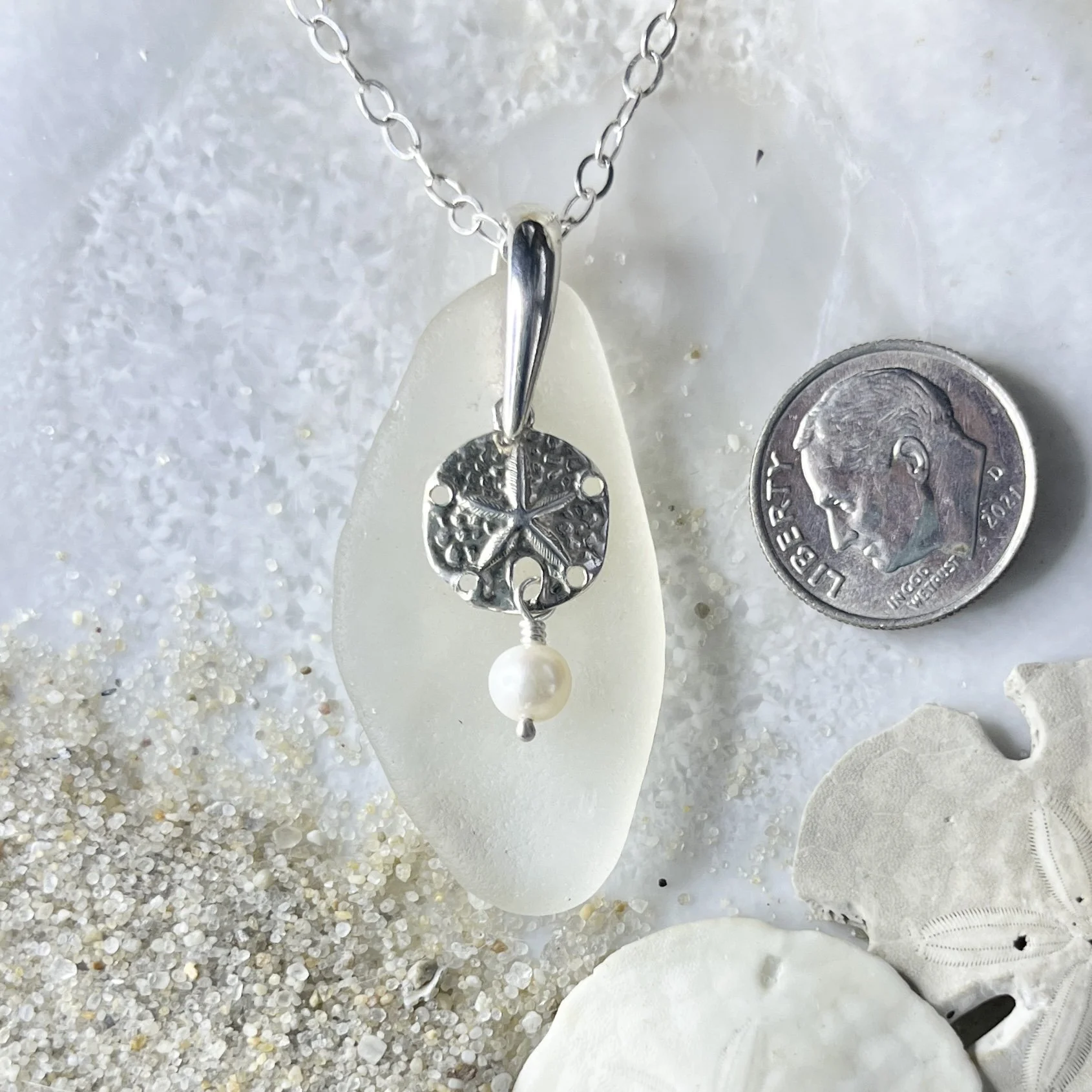 White Sea Glass with a Sterling Silver Sand Dollar and a Freshwater Pearl Drop