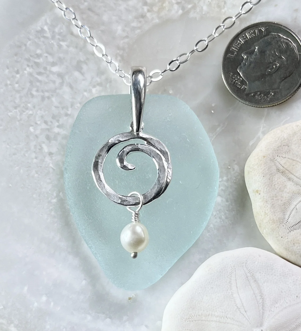 Statement Blue Seafoam Sea Glass Necklace with a Sterling Silver Ocean Wave with a Freshwater Pearl