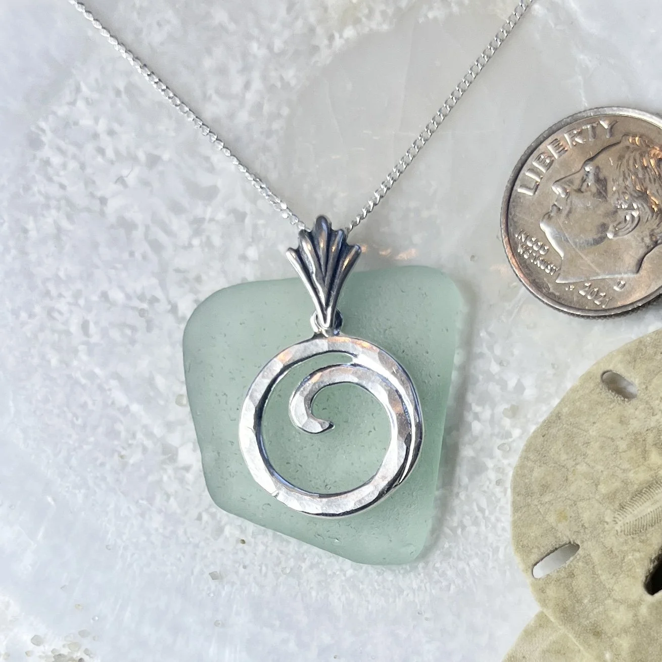 Seafoam Sea Glass Necklace with a Sterling Silver Ocean Wave .jpg