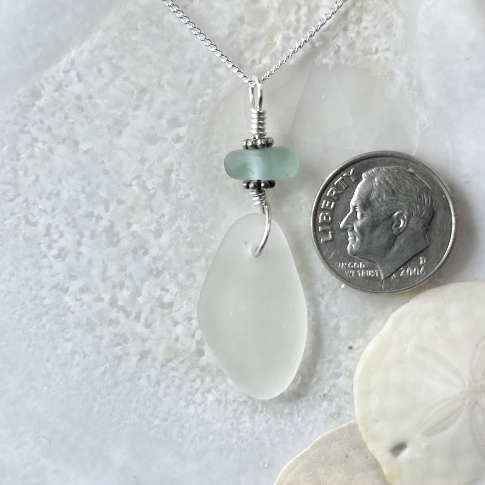 One Drop White Sea Glass Necklace with Blue Seafoam Sea Glass 'Bead'
