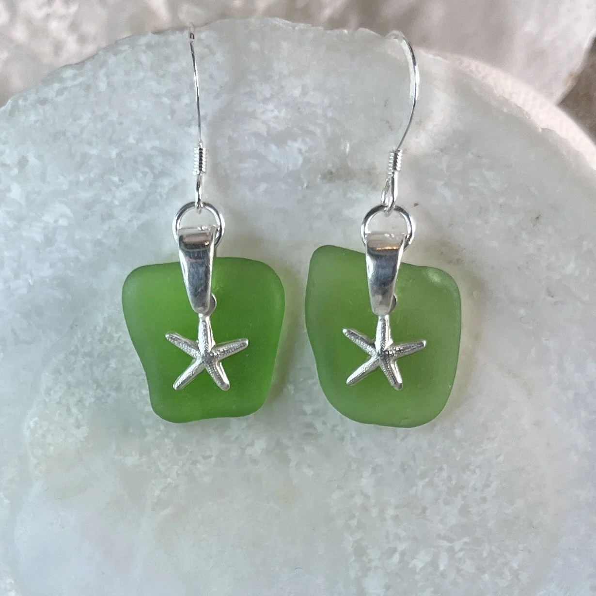 Green Sea Glass Earrings with Sterling Silver Sea Stars by Janet Payne Jewelry, Cape May, NJ