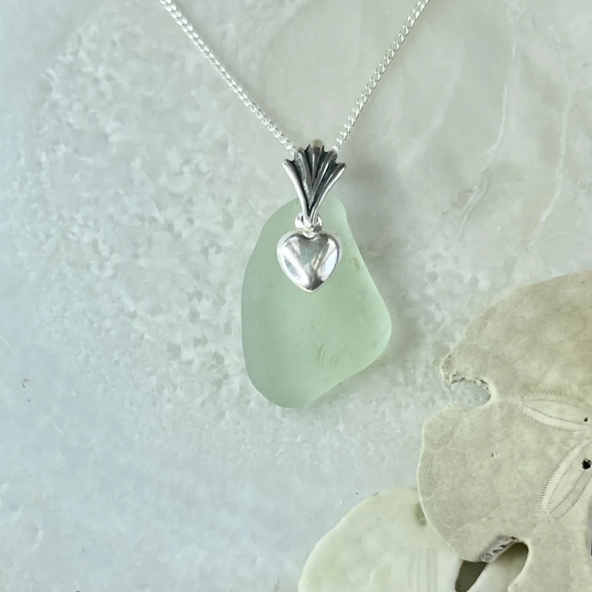 Green Seafoam Sea Glass Necklace with a Sterling Silver Heart by Janet Payne Jewelry, Cape May, NJ.jpg