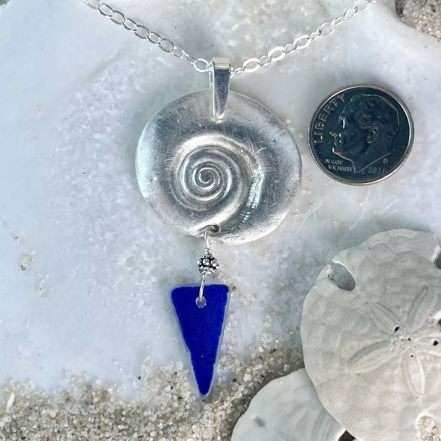 Fine Silver Shell Pendant with a Rare Blue Flash Glass Sea Glass Drop