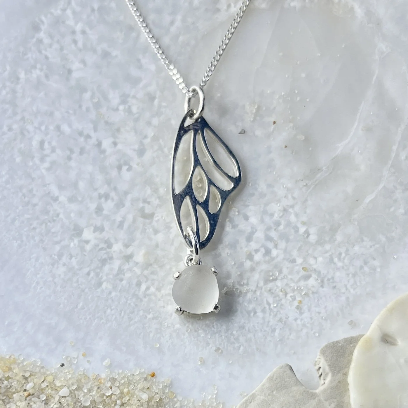 Sterling Silver Butterfly Wing Necklace with a Cape May Diamond Drop by Janet Payne Jewelry, Cape May, NJ.jpg