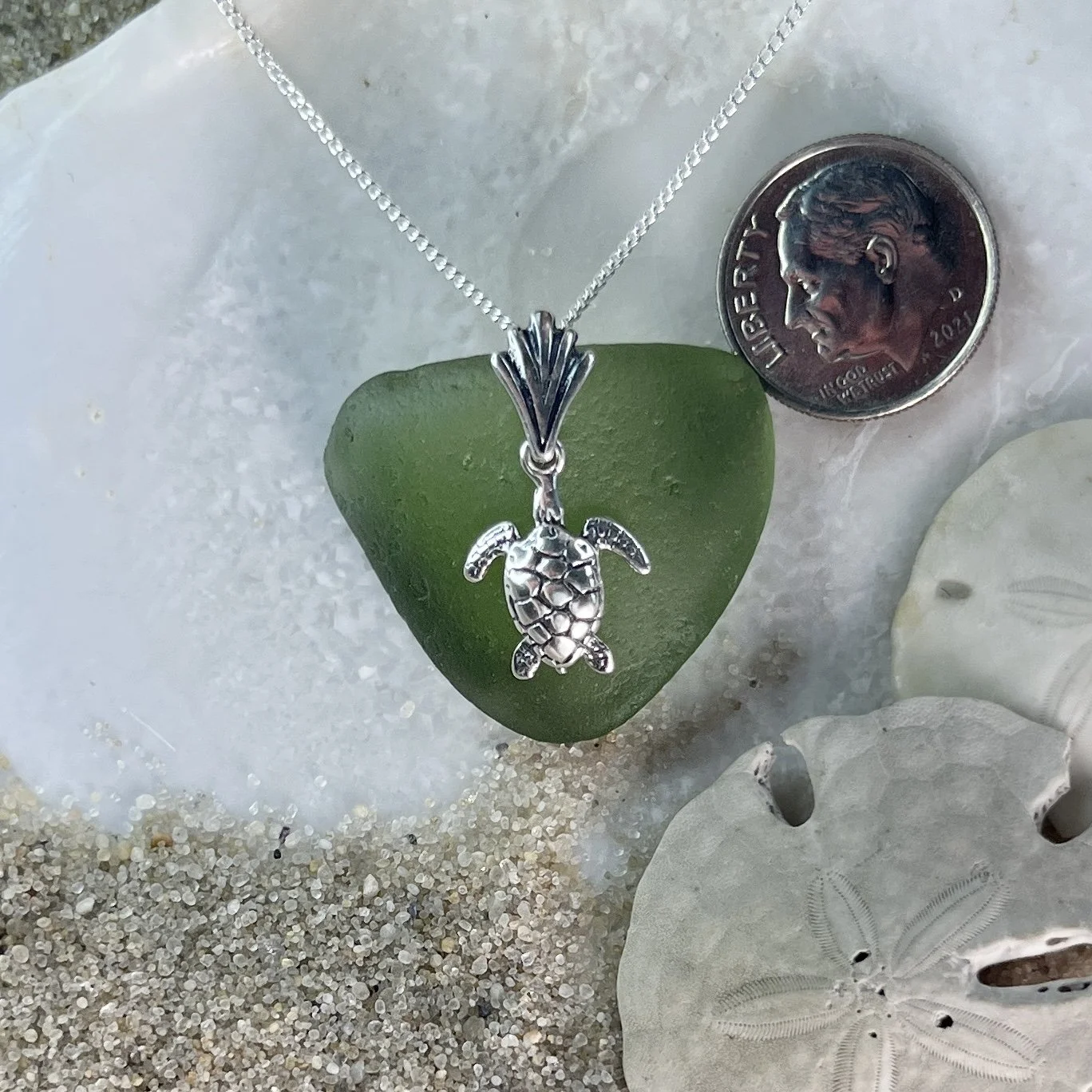 Moss Green Sea Glass Necklace with a Sterling Silver Sea Turtle