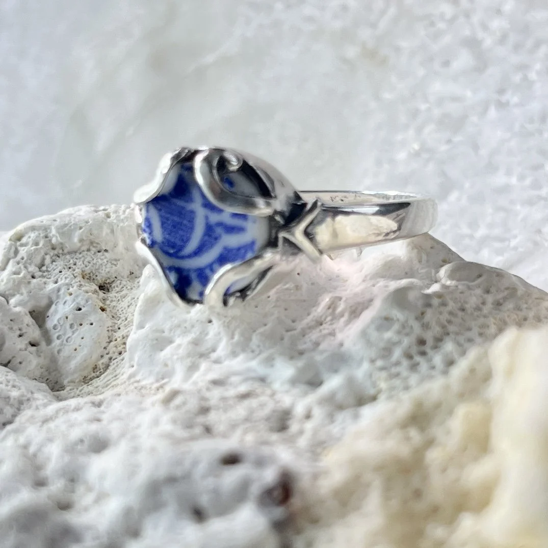 Blue and White Sea Pottery Ring - Size 7 by Janet Payne Jewelry, Cape May, NJ