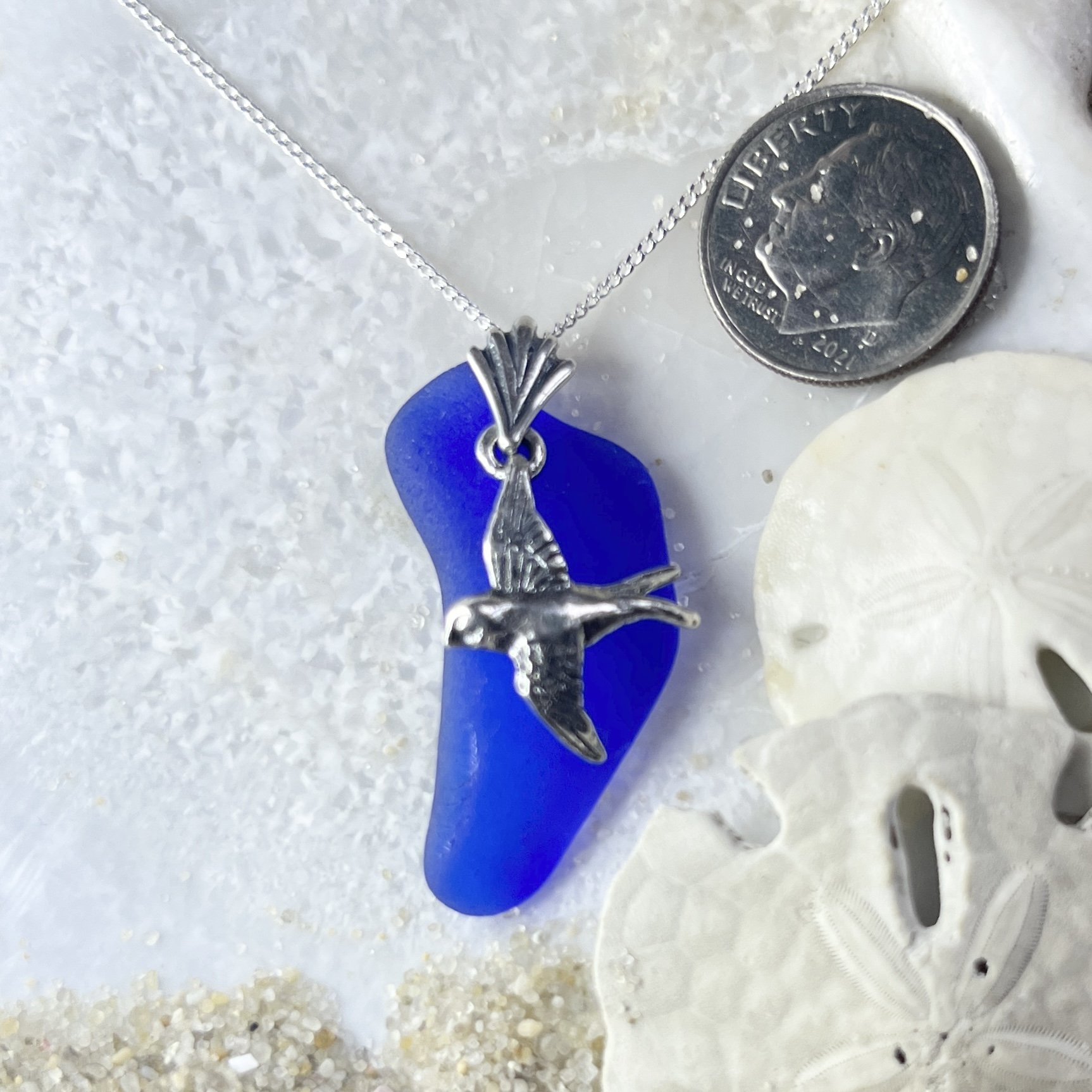 Cobalt Blue Sea Glass Necklace with a Sterling Silver Bird