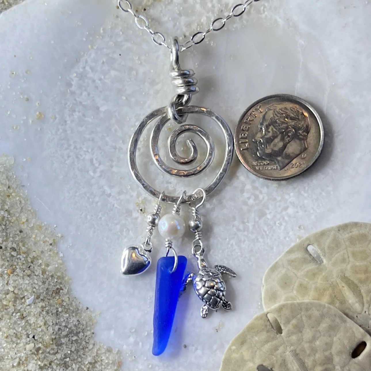 Cobalt Blue Sea Glass Spiral Charm Necklace.jpg
