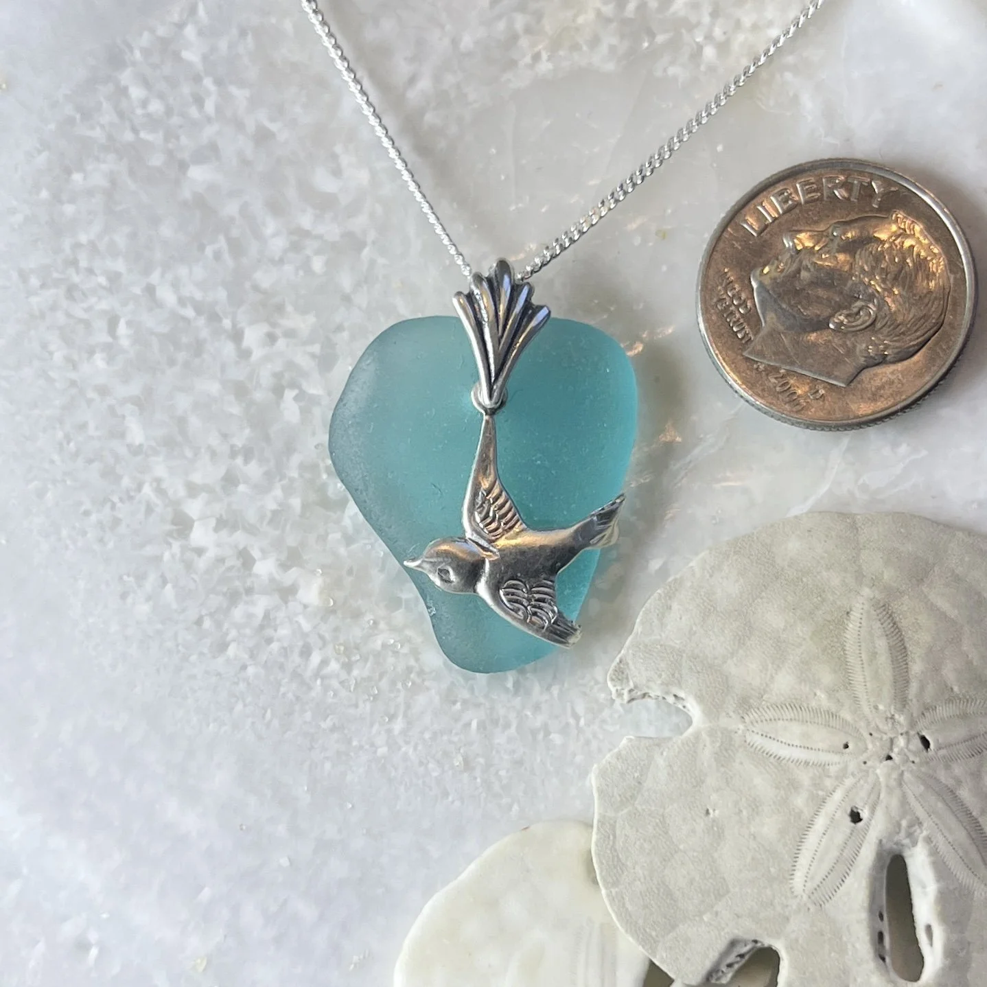 Teal Sea Glass Necklace with a Sterling Silver Bird
